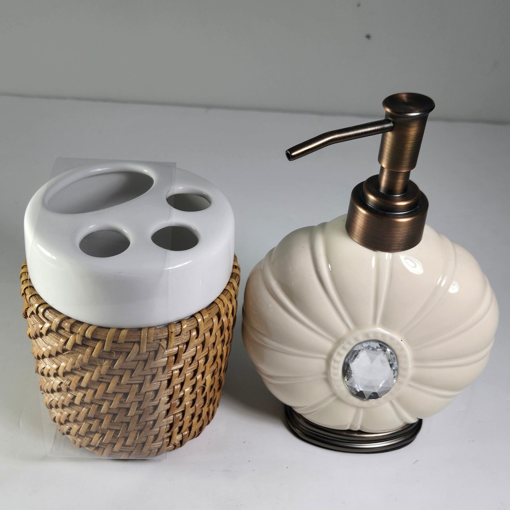 Elite Home Fashions Bathroom Vanity Set Soap Dispenser Toothbrush Holder Cream